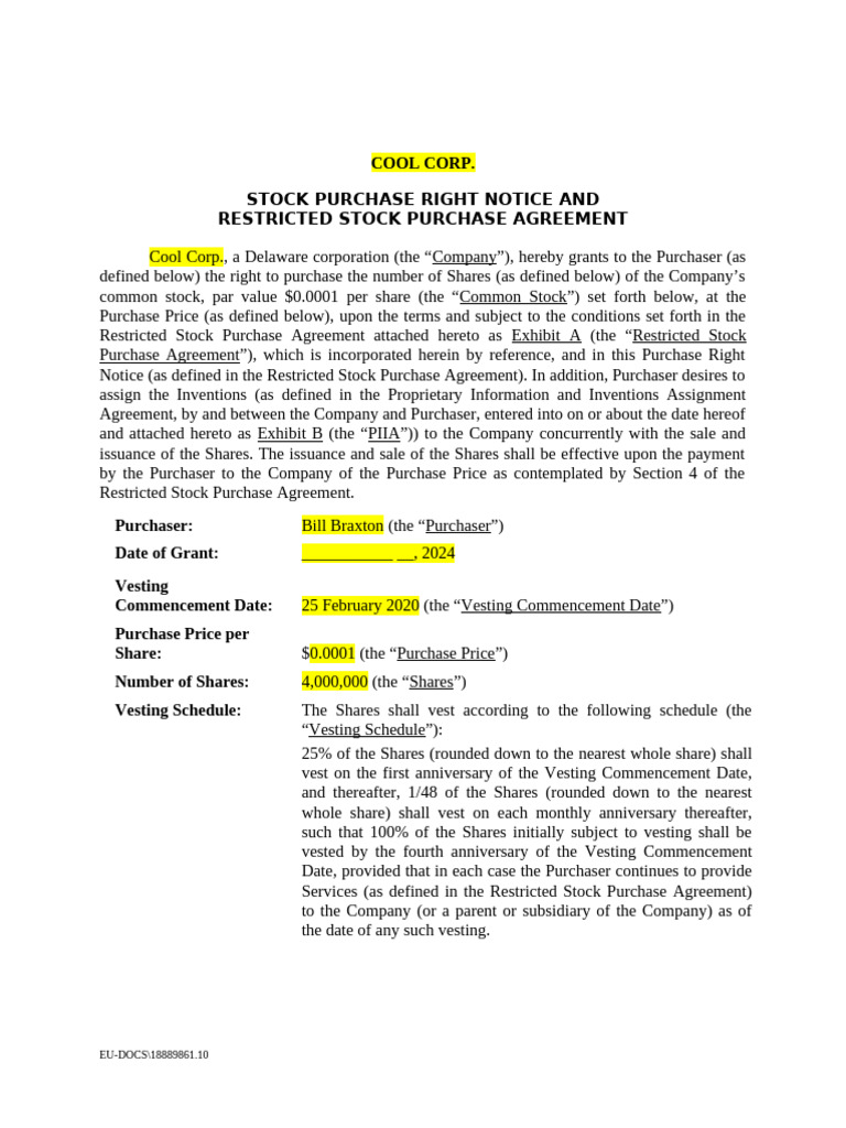 Cool Corp. - Bill Braxton - Restricted Stock Purchase Agreement ...