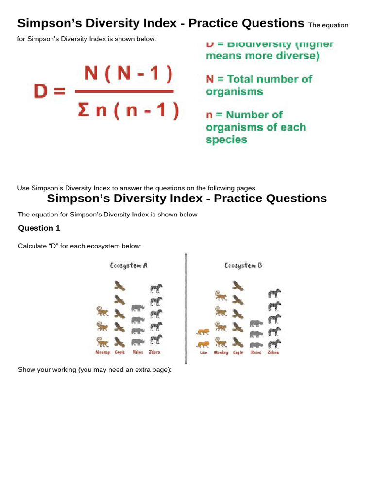Simpsons Diversity Index Practice Questions | PDF