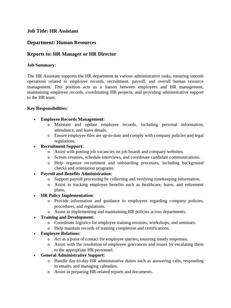 Job Description of HR Assistant | PDF | Human Resources | Recruitment