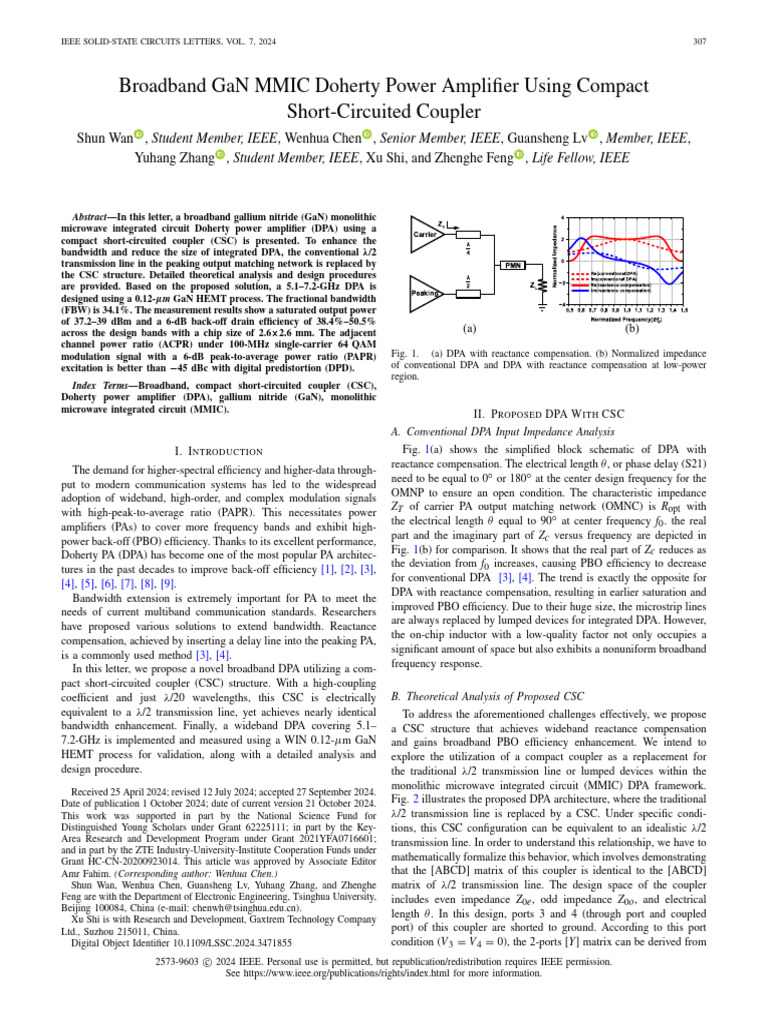 Broadband GaN MMIC Doherty Power Amplifier Using Compact Short ...