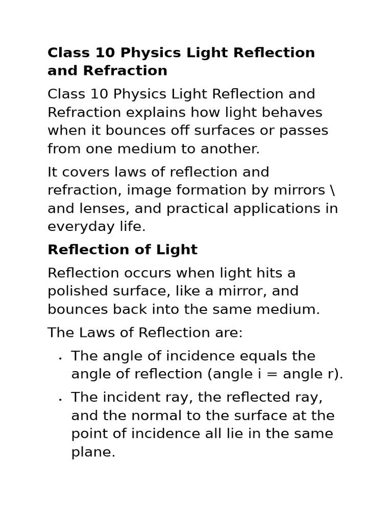 Class 10 Physics Light Reflection and Refraction | PDF | Mirror ...
