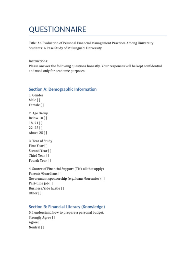 Financial Management Questionnaire | PDF | Cost Of Living