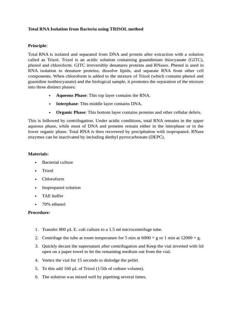 Total RNA Isolation From Bacteria Using TRISOL Method.1 | PDF