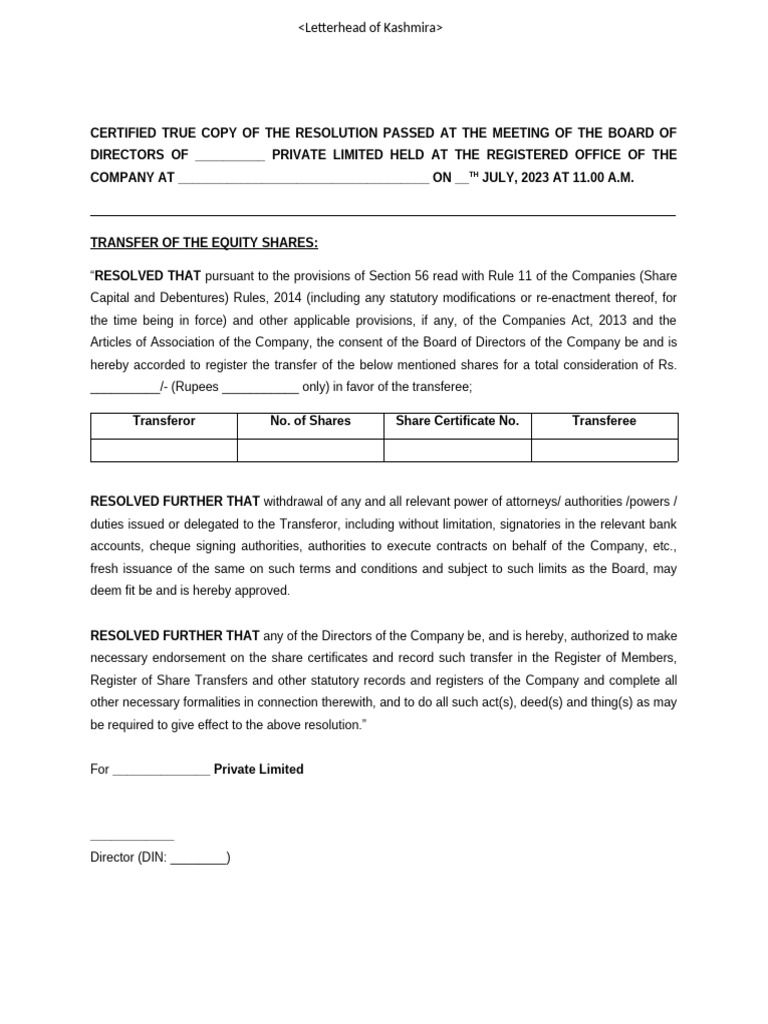 Draft Board Resolution Recording Transfer of Shares | PDF