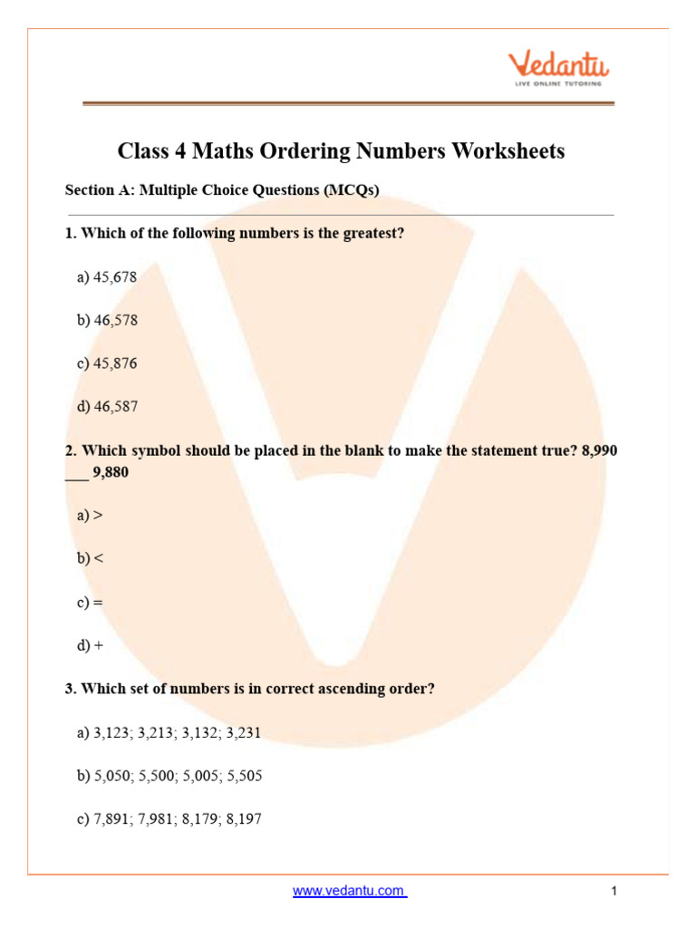 Class 4 Maths Ordering Numbers Worksheet PDF _ Free Practice | PDF ...