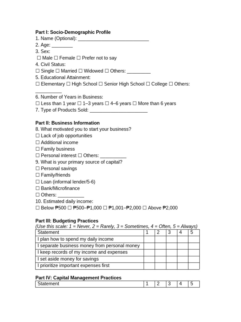 Survey Questionnaire Street Vendors | PDF | Inflation | Expense