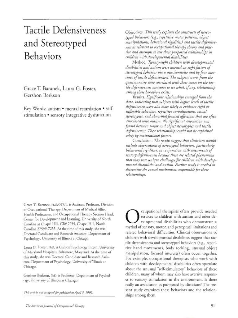 Tactile Defensiveness and Stereotyped Behaviors | PDF | Sensory ...