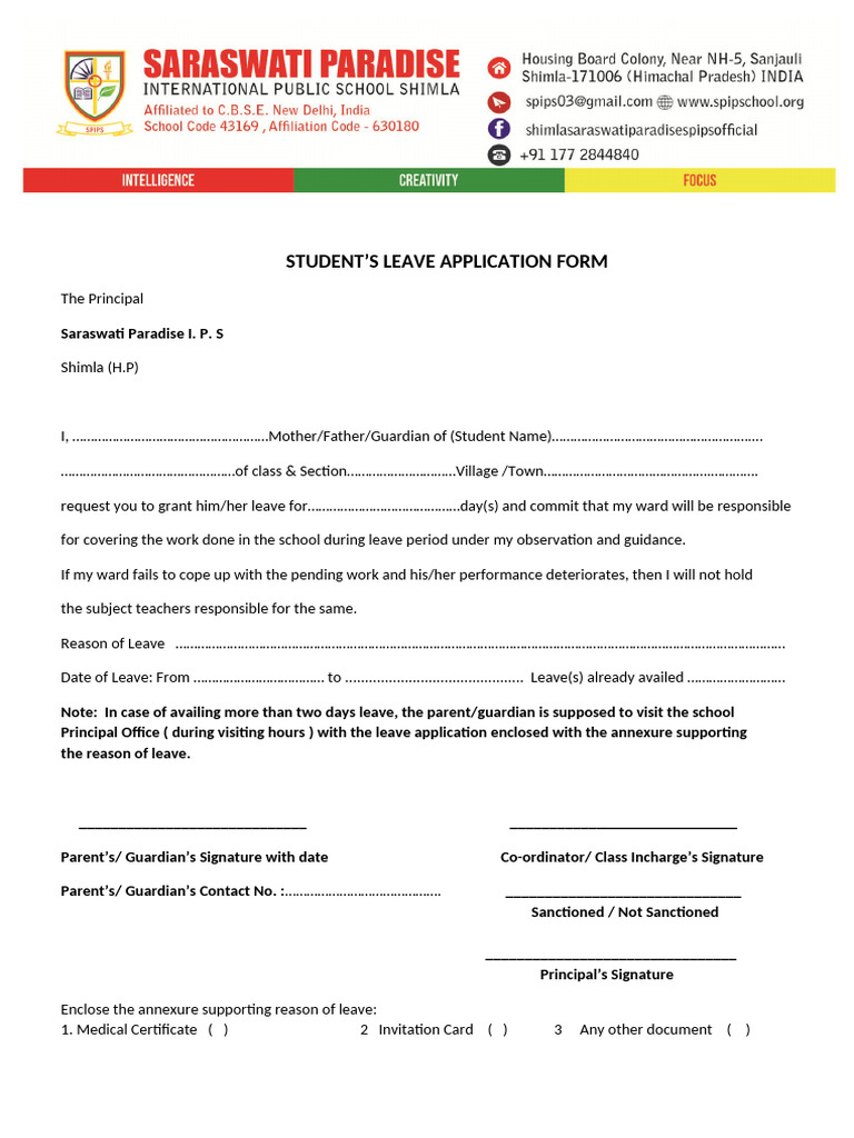 Student Leave Form.docx 1 2026-27 | PDF