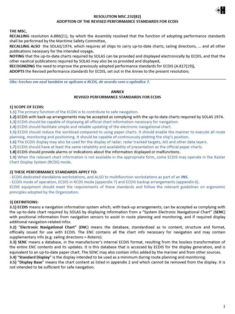 H - IMO a.817(19) Com MSC.232(82) - ECDIS - Versão Resumida | PDF ...