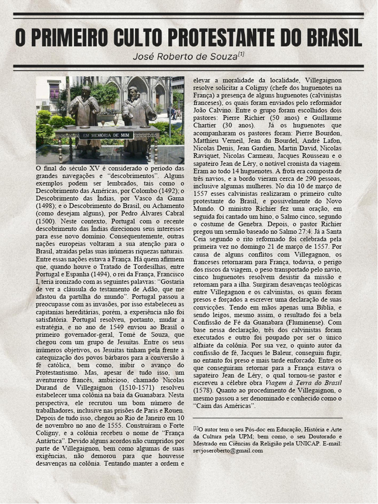 Artigo Sobre o Primeiro Culto Protestante No Brasil | PDF