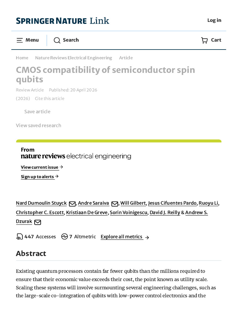 CMOS Compatibility of Semiconductor Spin Qubits _ Nature Reviews ...