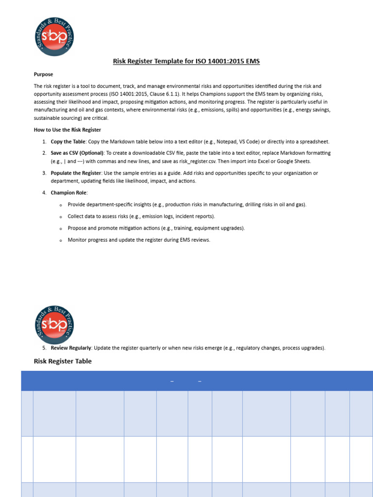 Risk Register Template For ISO 14001 | PDF | Comma Separated Values | Risk