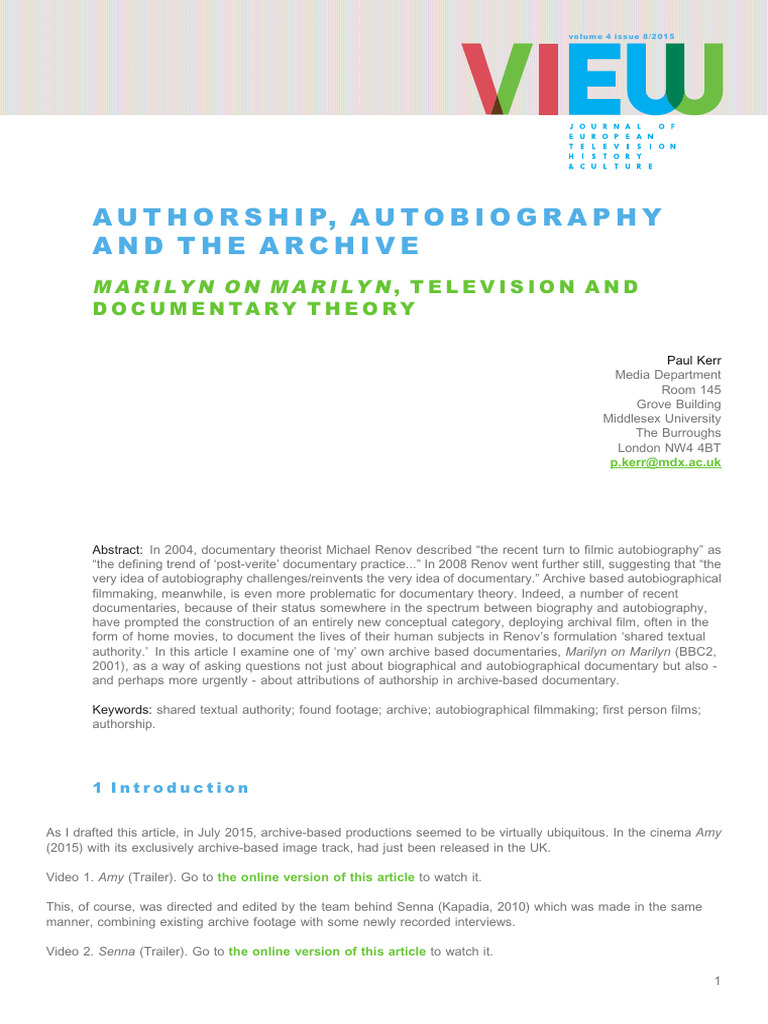 Authorship Autobiography and the Archive | PDF | Documentary Film