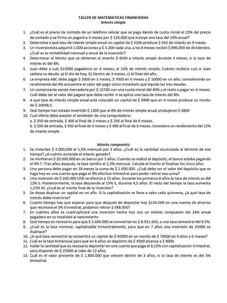 Taller de Matematicas Financieras | PDF