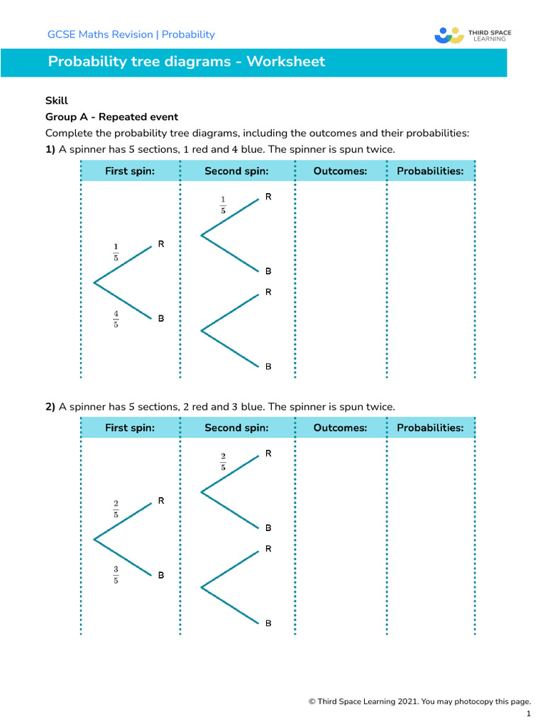Third Space Learning Probability Tree Diagrams GCSE Worksheet | PDF ...