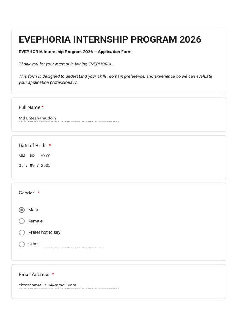Evephoria Internship Program 2026 - Google Forms | PDF | Digital ...
