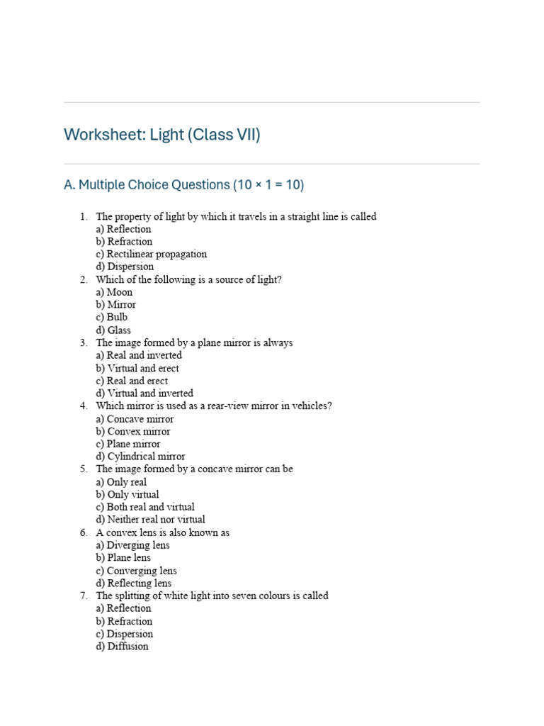 Light Worksheet | PDF