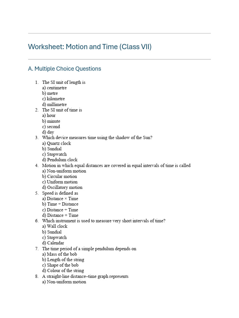 Motion and Time Worksheet | PDF | Speed | Clock
