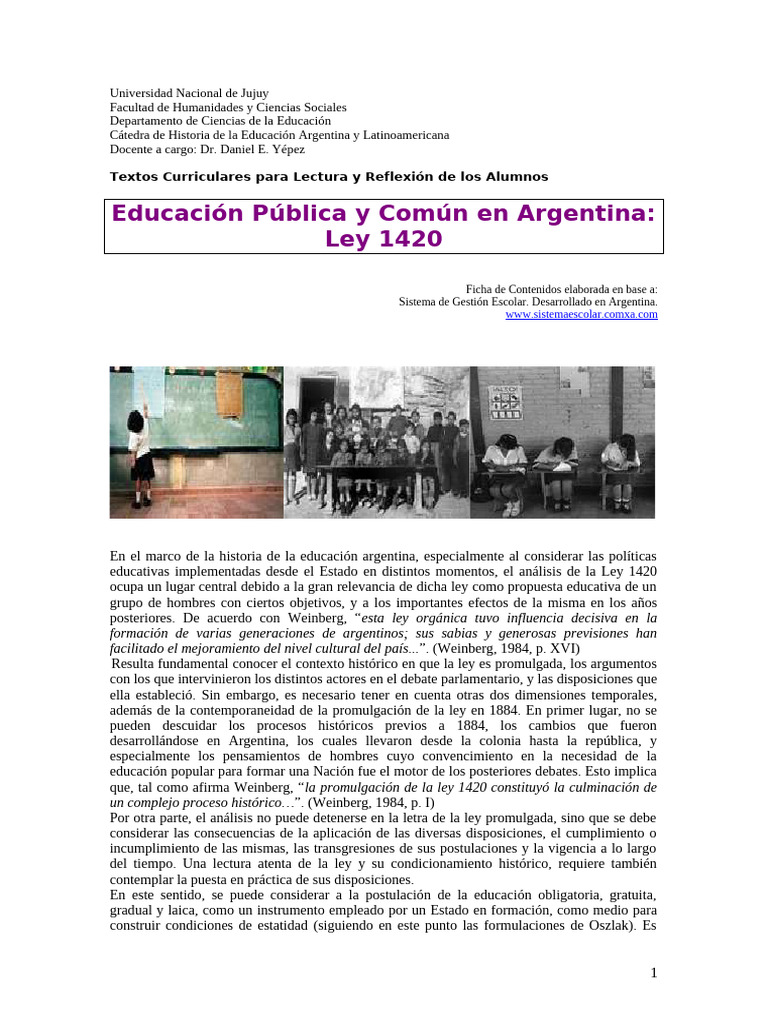 Educación Pública y Común en La Argentina Ley 1420 | PDF | Escuelas ...