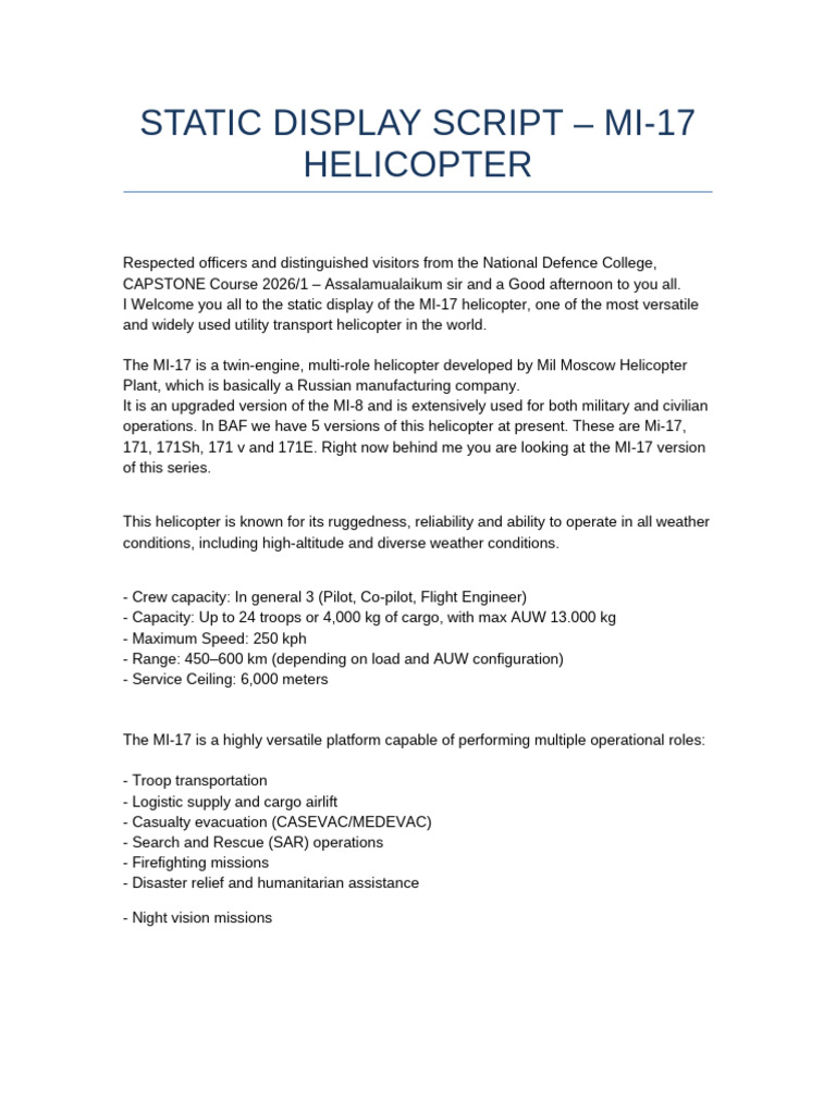 MI17 Static Display Script | PDF | Helicopter | Aviation