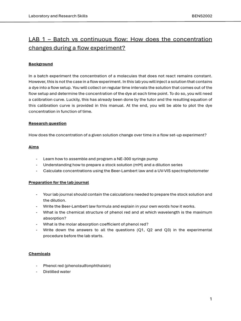 LAB 1 - How Does the Concentration Changes During Flow Experiment | PDF ...