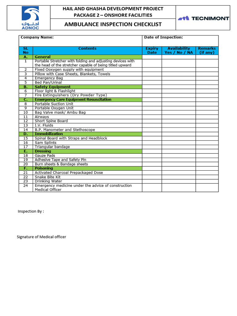 Ambulance Inspection Checklist | PDF