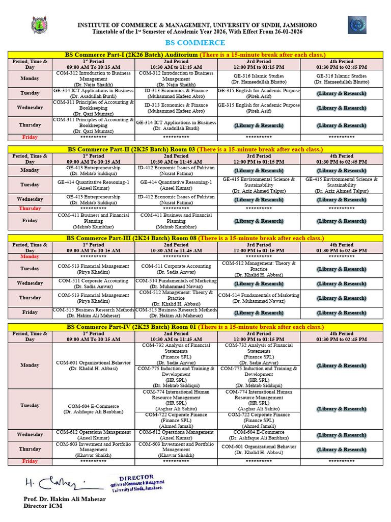 Icm 1st Semester Timetable 2026 Revised 19-04-2026 | PDF | Economies ...