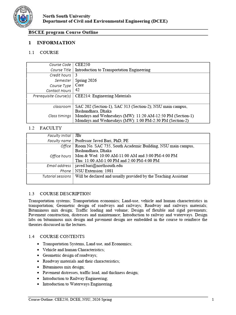 Course Outline_2026_Spring | PDF | Engineering | Road Surface