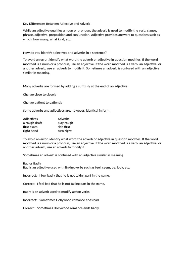 Key Differences Between Adjective and Adverb | PDF | Grammatical Gender ...