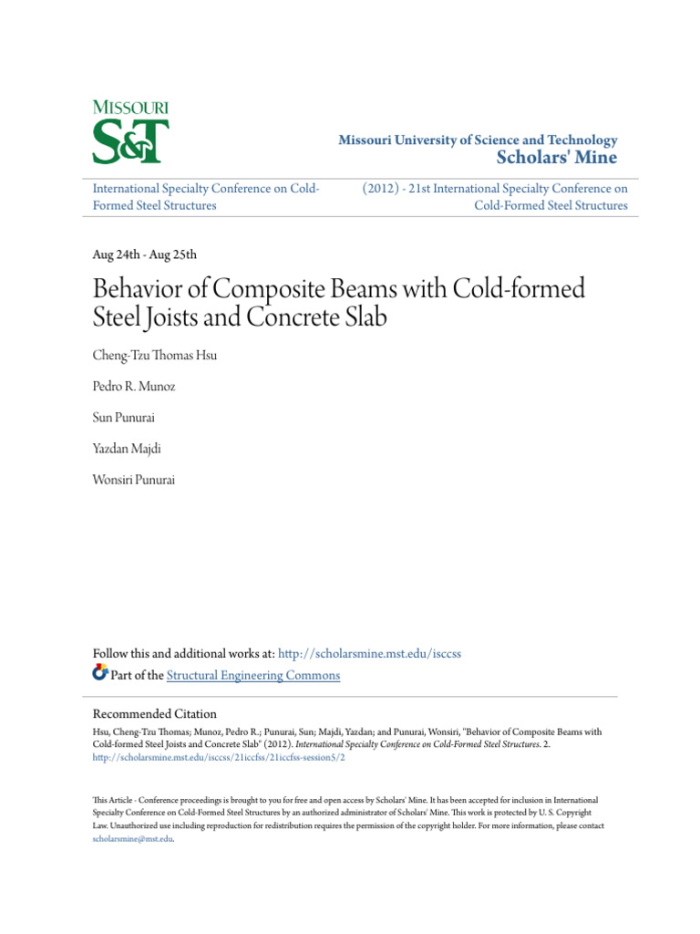 Behavior of Composite Beams With Cold-Formed Steel Joists and Concrete ...