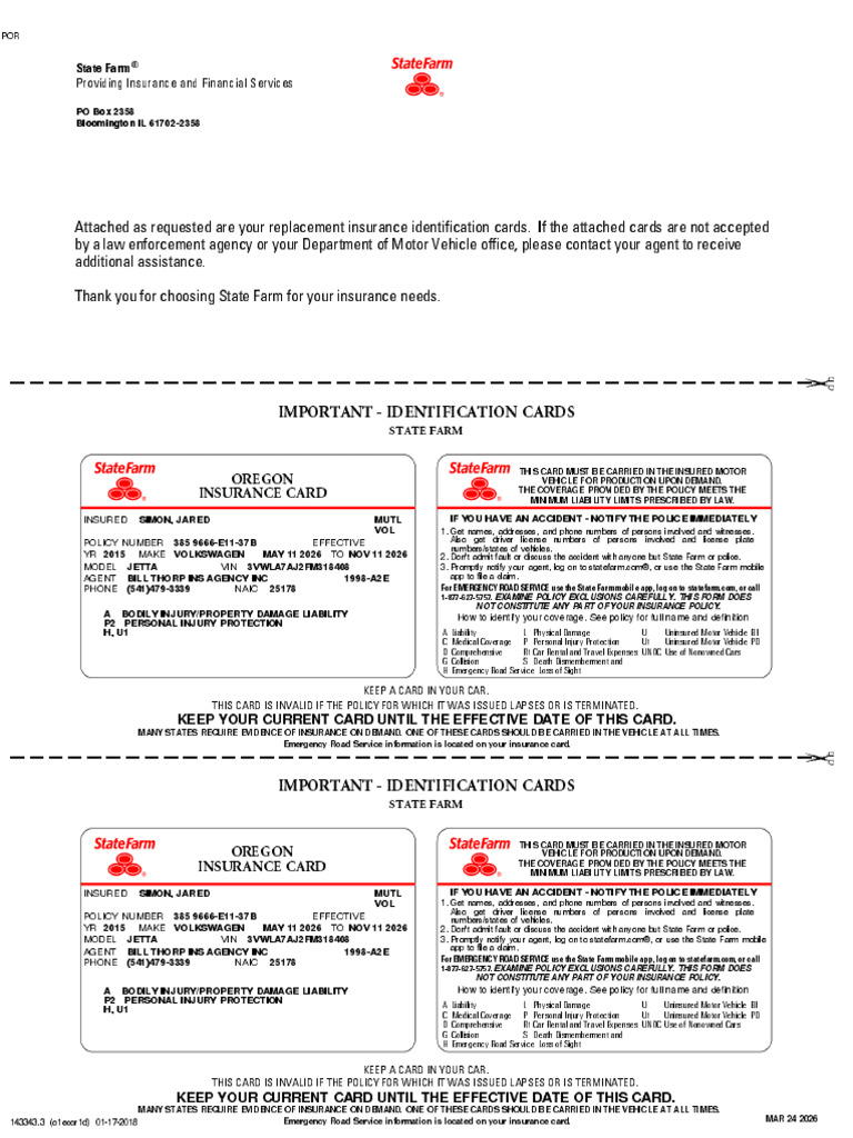 Important - Identification Cards: Oregon Insurance Card | PDF | Insurance