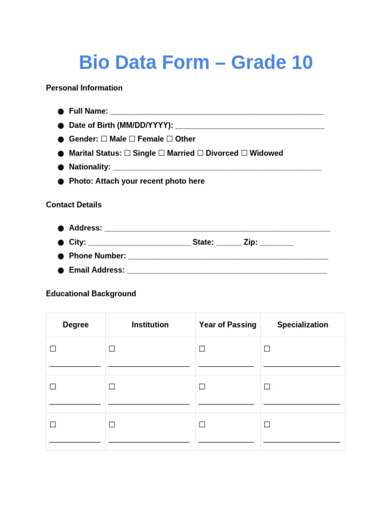 Bio Data Form Grade 10 | PDF