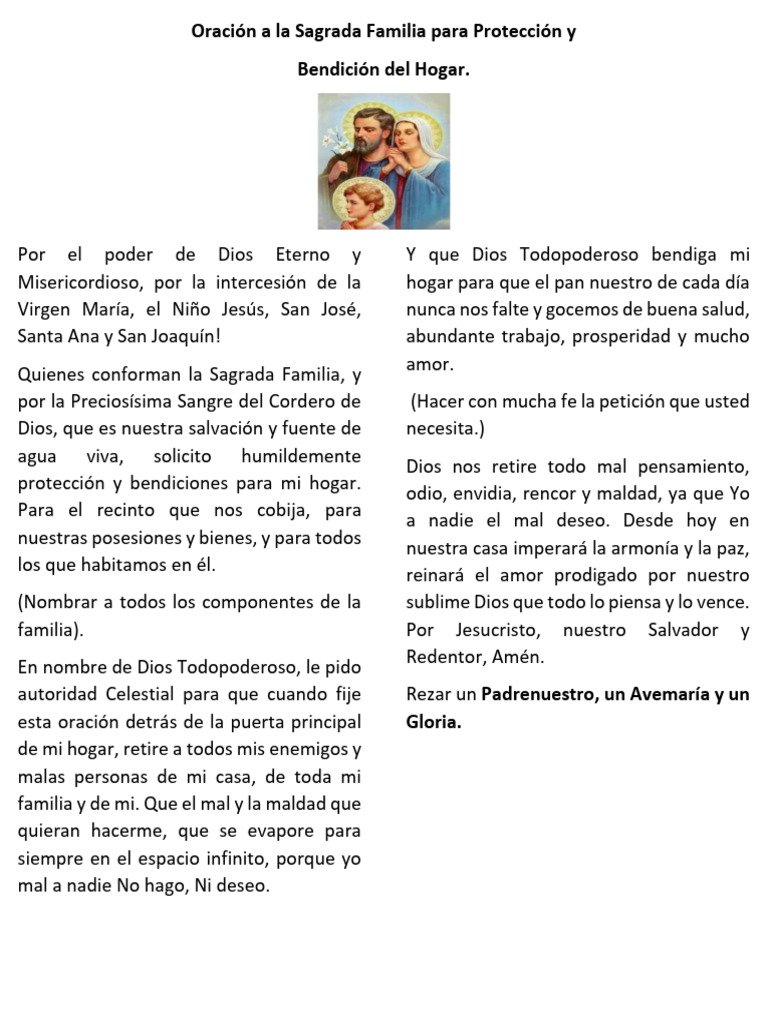 Oración A La Sagrada Familia para Protección y Bendición Del Hogar | PDF