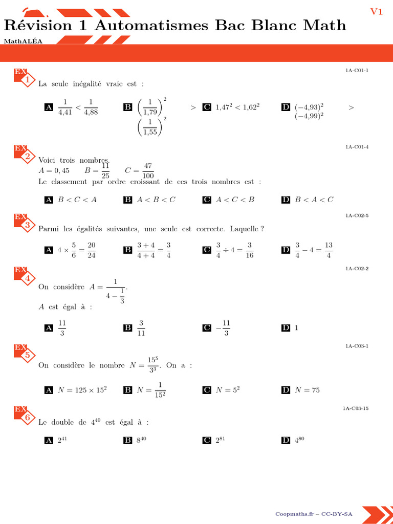Révision 1 Automatismes bac blanc Math | PDF