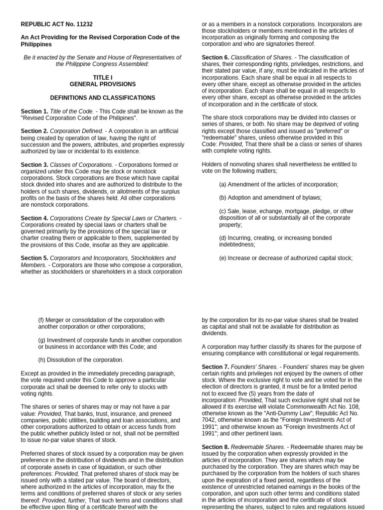 REPUBLIC ACT No | PDF | Board Of Directors | Preferred Stock