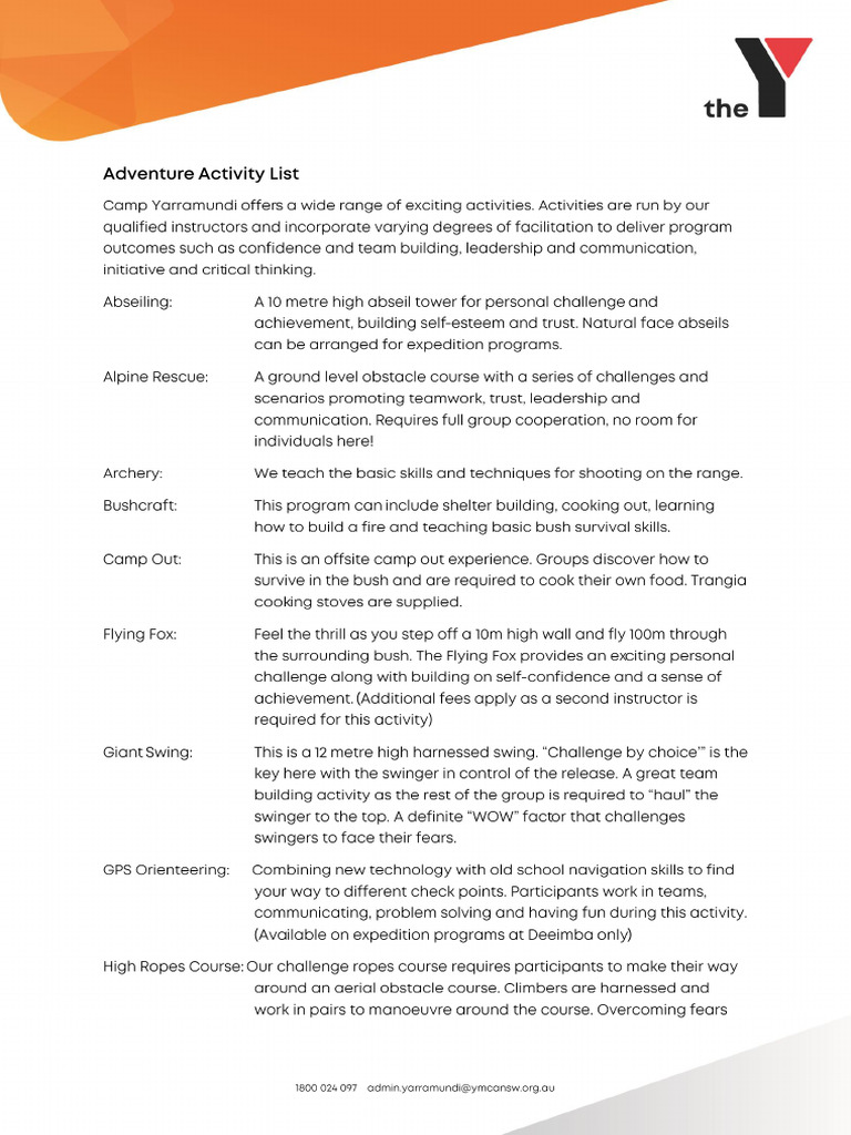 2025 Adventure Activities List | PDF