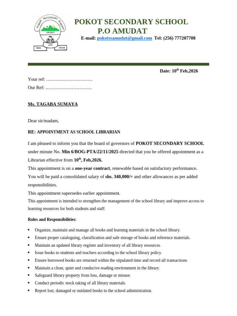 Sample appointment letter | PDF | Libraries | School Library