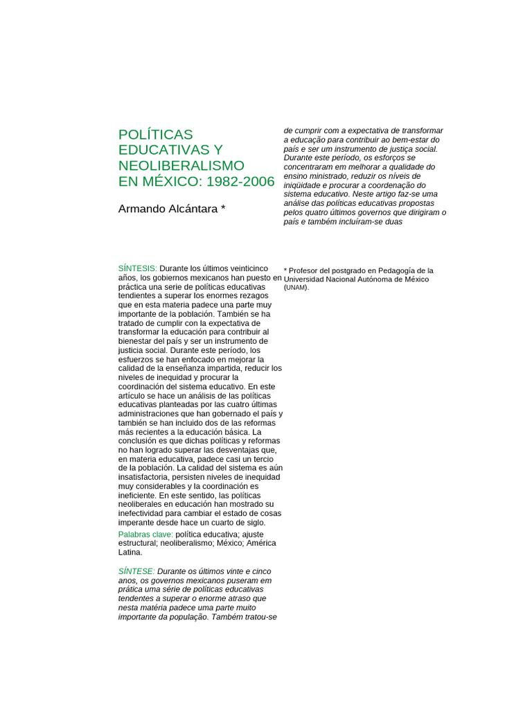 Políticas Educativas y Neoliberalismo en México 1982-2006 | PDF ...