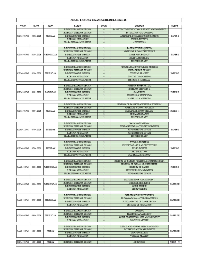 Theory Exam Schedule 2025-26 | PDF | Design | Paintings