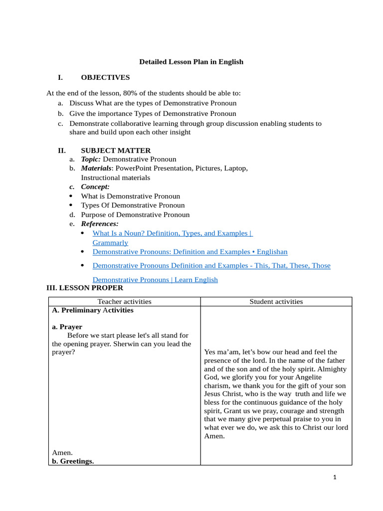 FINAL DEMO LESSON PLAN - Demostrative Pronoun (1) | PDF | Grammatical ...