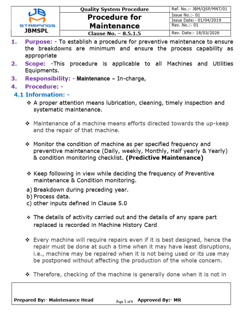 5 & 6 Maintenance Procedure | PDF | Mechanical Engineering | Systems ...