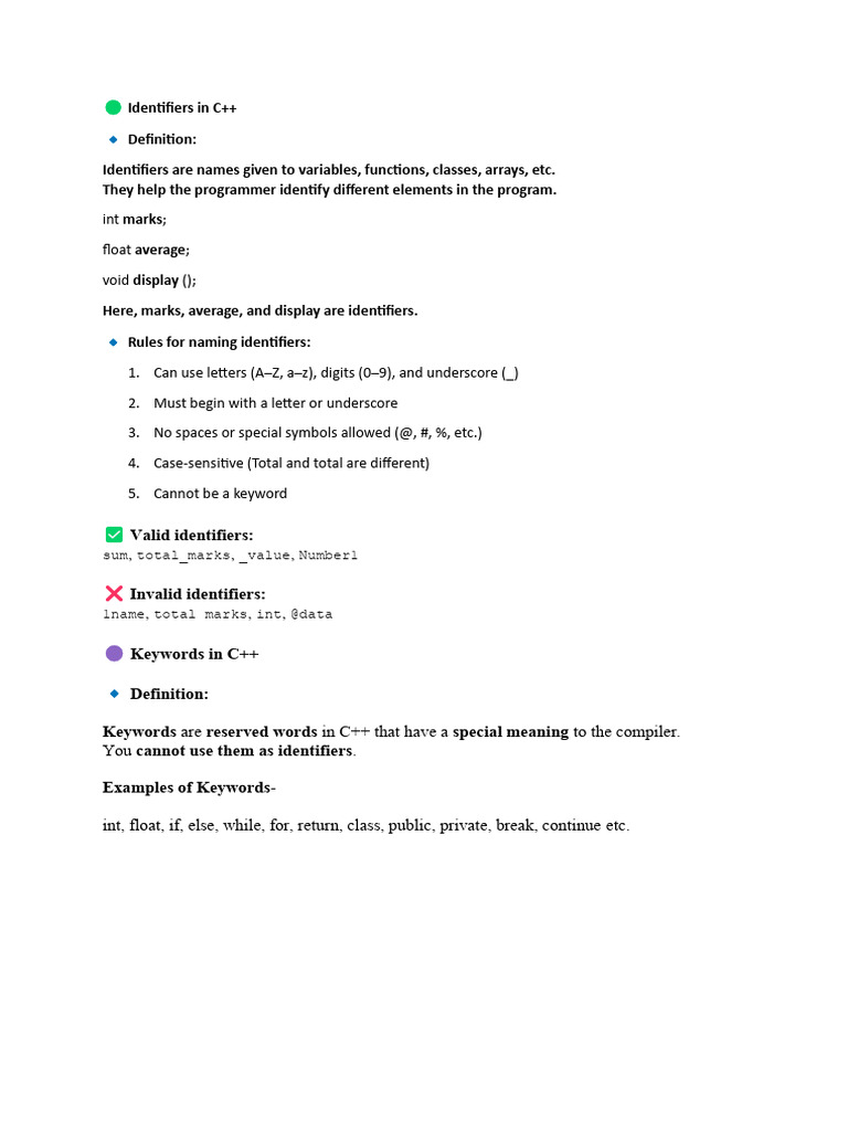 C++ Notes for Class XI Me | PDF | Reserved Word | Integer (Computer ...