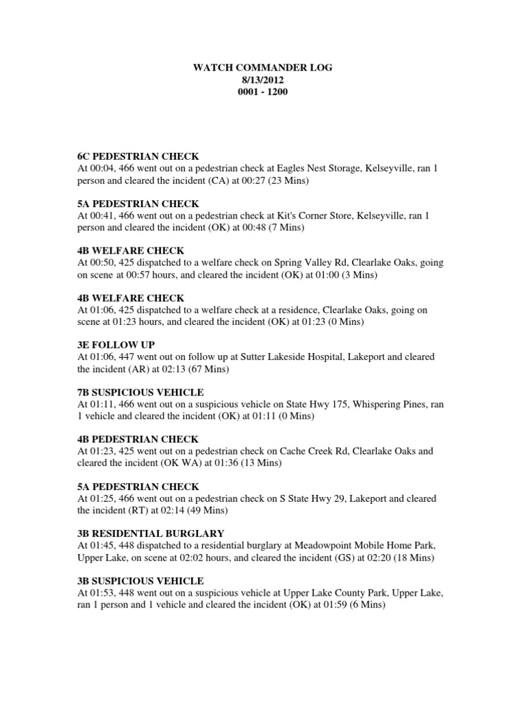 Lake County Sheriff's Watch Commander Logs | PDF | Violence | Transport