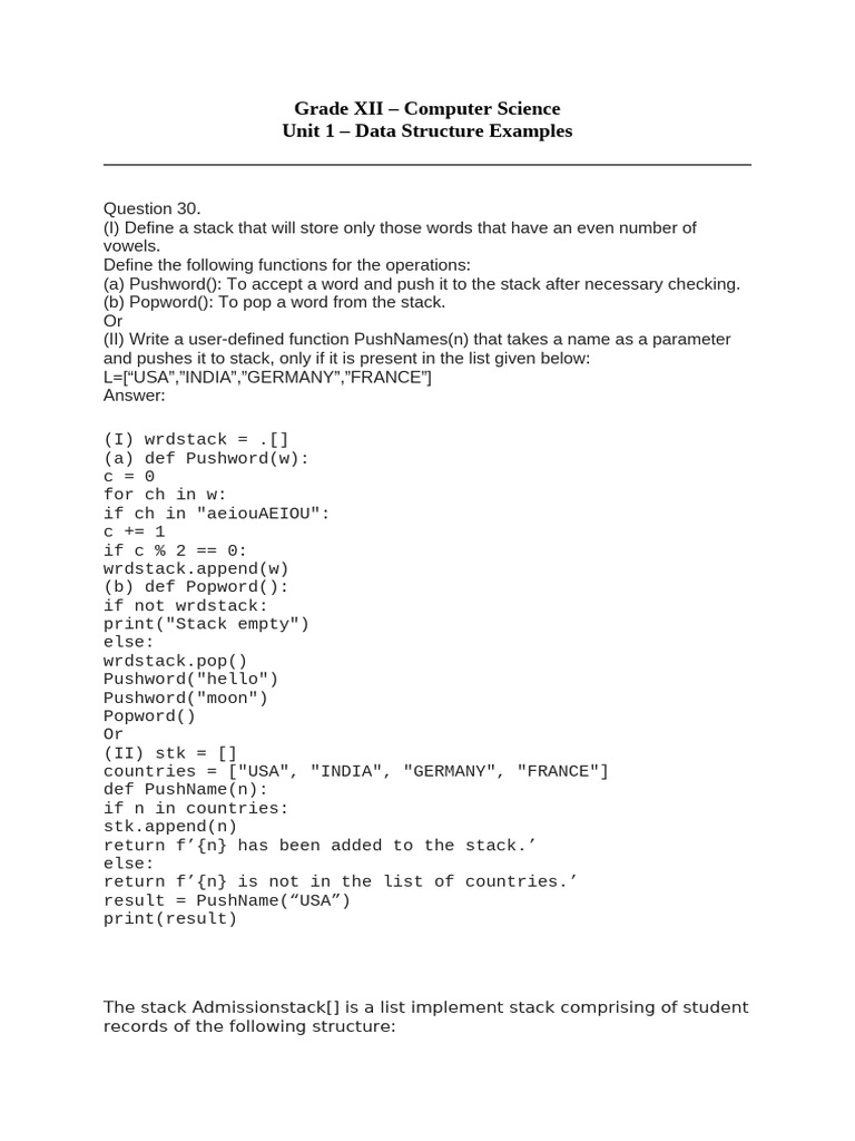 XII CS PublicExamRevisionNotes Unit1 Stack Examples | PDF | Computer ...