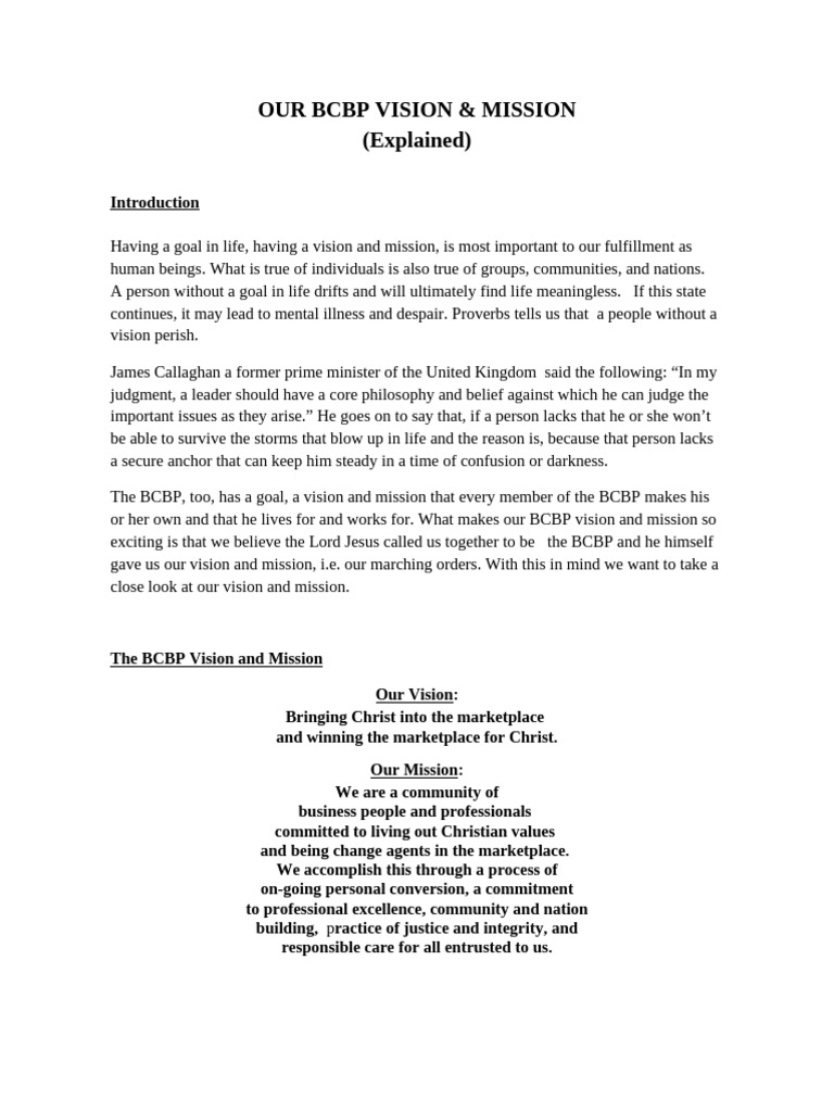1 BCBP Vision & Mission Explained | PDF | Jesus | Employment