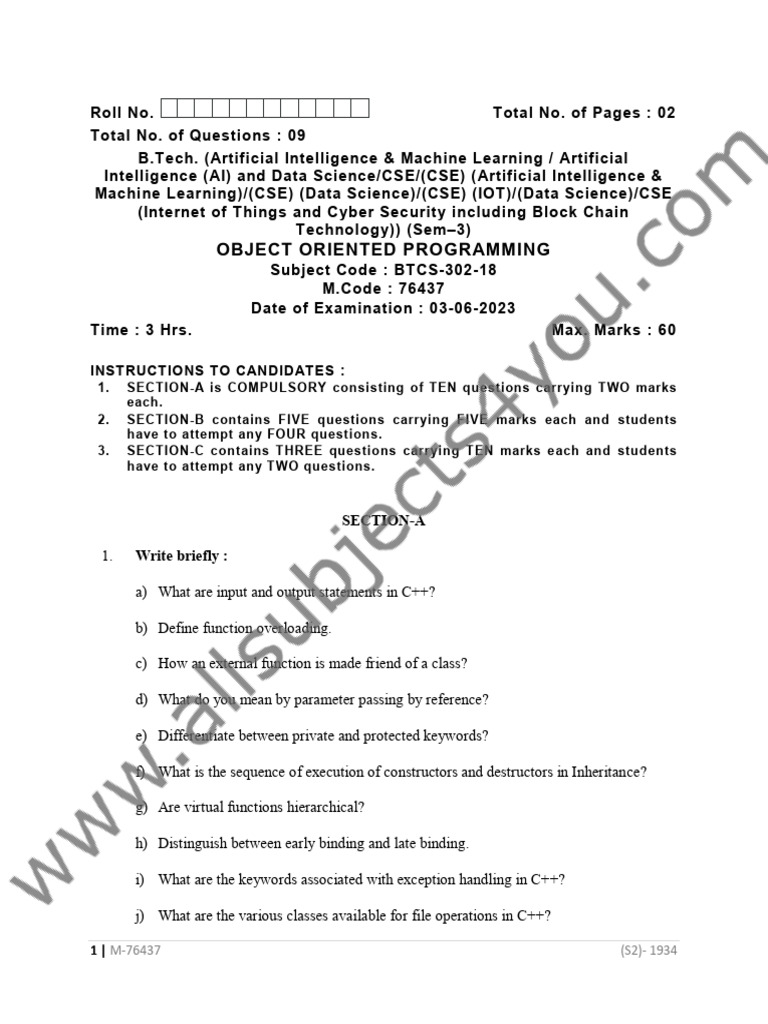 76437 BTech BTCS 302 18 Object Oriented Programming Sem 3 | PDF ...
