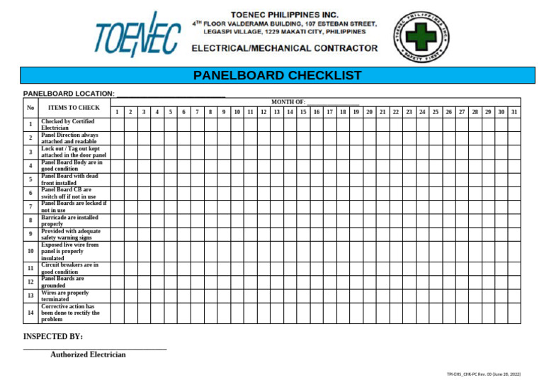 Tpi-ehs-chklst 014 (Panel Board) | PDF