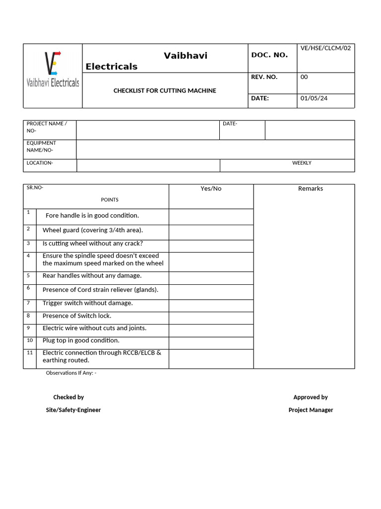 Checklist of Cutting Machine | PDF