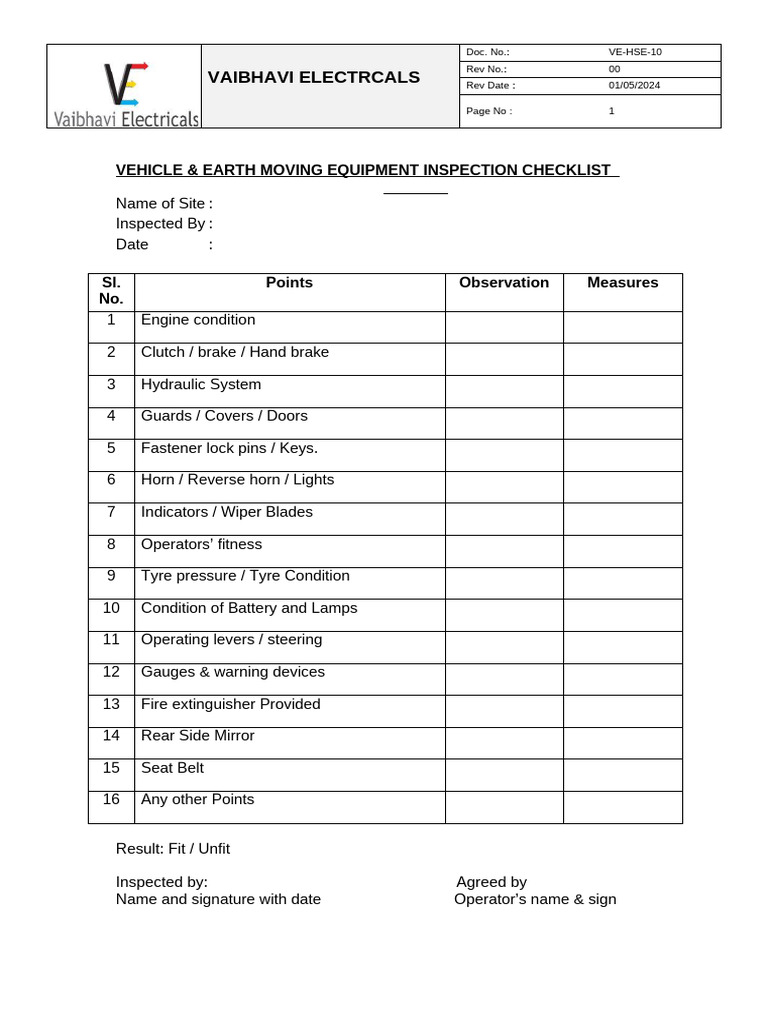 Checklist of Vehicle & Earth Moving | PDF