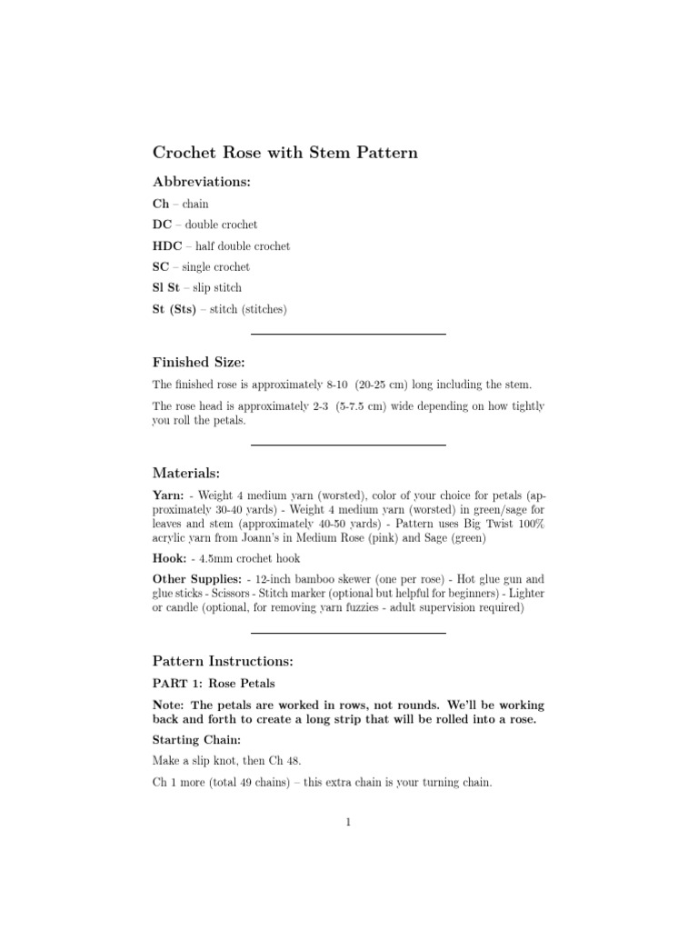 Crochet Rose With Stem Pattern | PDF | Crochet